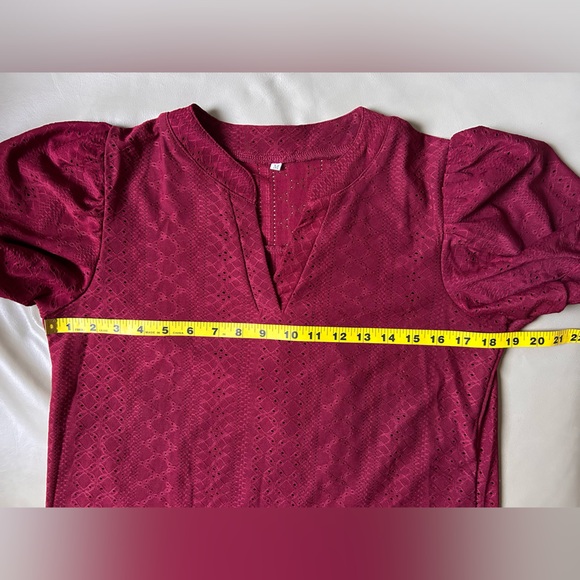 Puffed Sleeve top, Pointelle Design V Neck wine red maroon colour - Picture 3 of 6